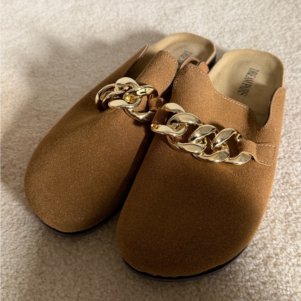 Brown Mules with Gold Chain Accent